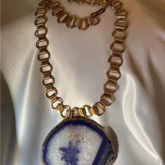 1990’s Amethyst Geode with Detailed Etching in 18k Gold Filled Necklace.
